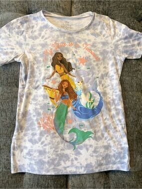Disney Little Mermaid Tie-Dye Tee in White & Gray with Colorful Mermaid Print